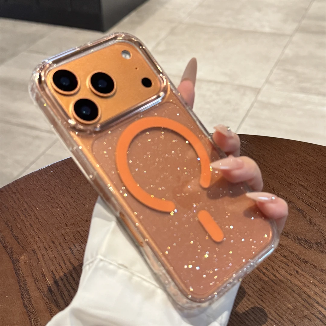 适用苹果17promax手机壳磁吸闪粉高级感透明镜头全包防摔女款超薄