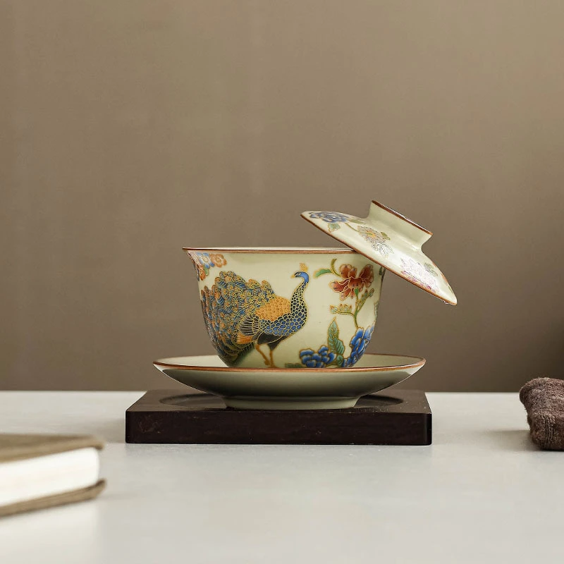 无水悬停汝窑孔雀开屏三才盖碗可旋转中式高端盖碗功夫茶具泡茶碗