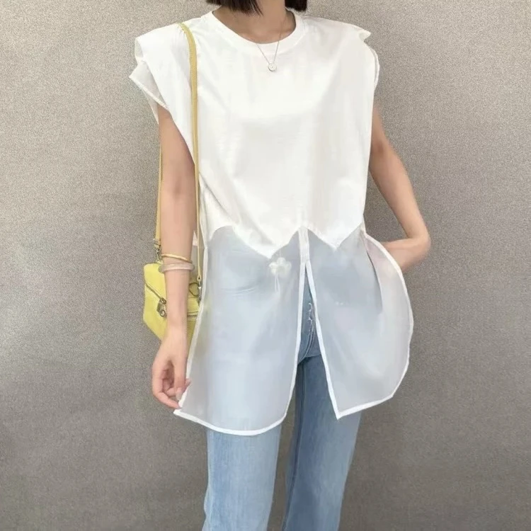 新疆包邮【2530】网纱拼接T恤-衣长76