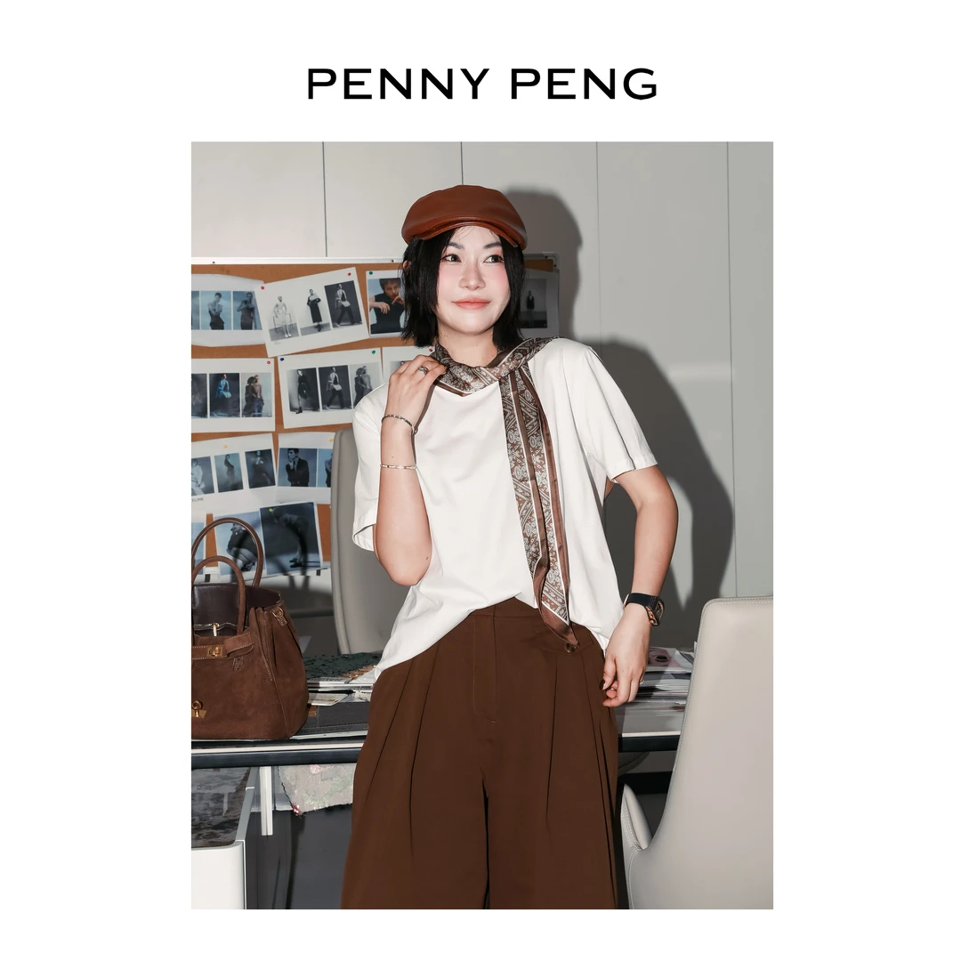 PENNYPENG 织带雅韵 早秋气质老钱设计感百搭丝巾短袖棕色T恤上衣