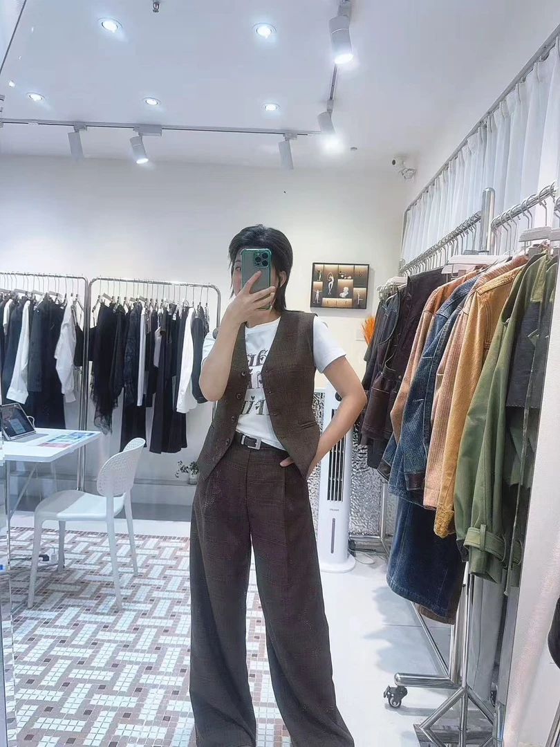 深圳欧货秋款通勤修身马甲宽松西装外套休闲阔腿裤T恤四件套装女