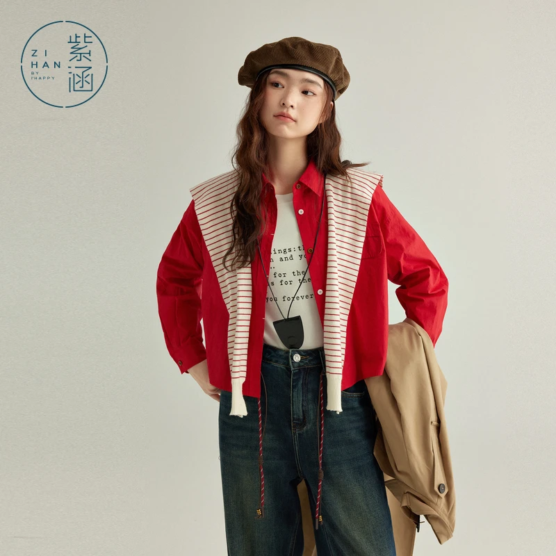 紫涵短款翻领衬衫条纹披肩女2025年春季新款休闲外搭Z5Z01AS113