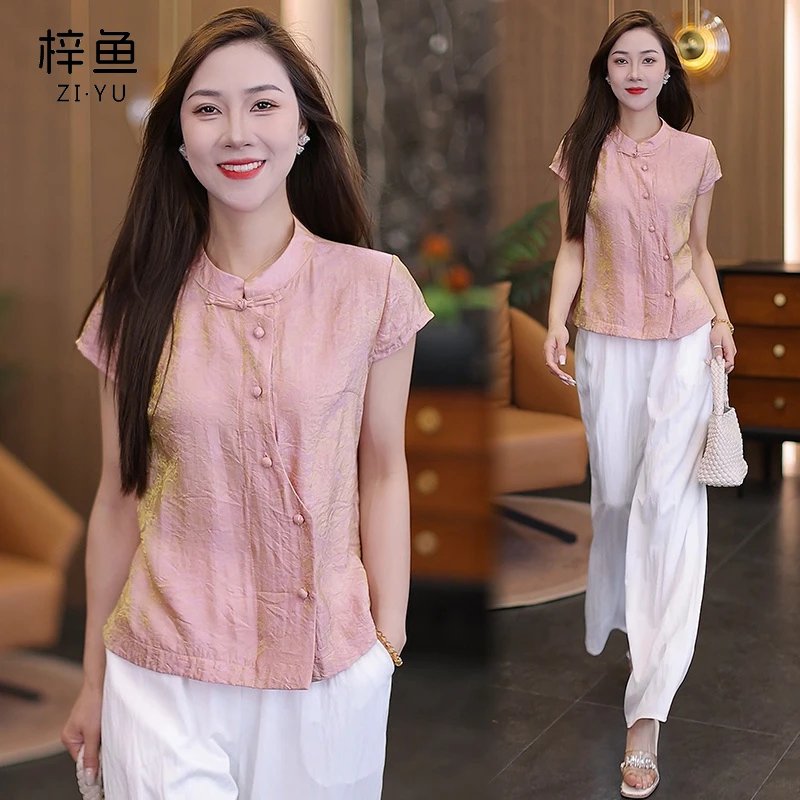 新中式短袖衬衫女2025年夏季新款洋气宽松显瘦立领盘扣小个子上衣