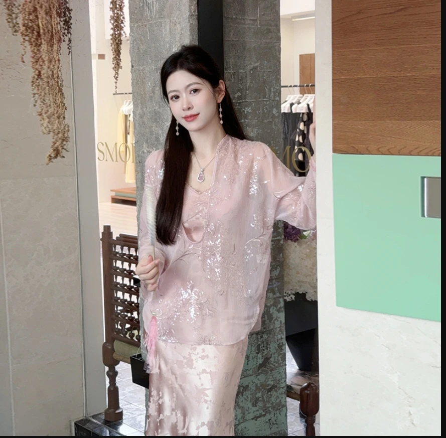 【果果家优选】新中式国风2024新款夏宽松长袖提花吊带裙