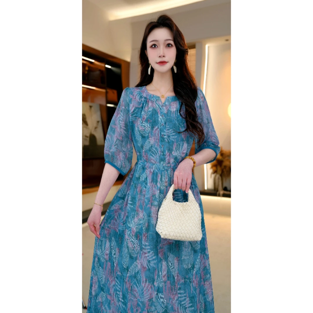 花漾蓝调连衣裙高贵显瘦新款夏季中年妈妈装法式中长款-娜娜