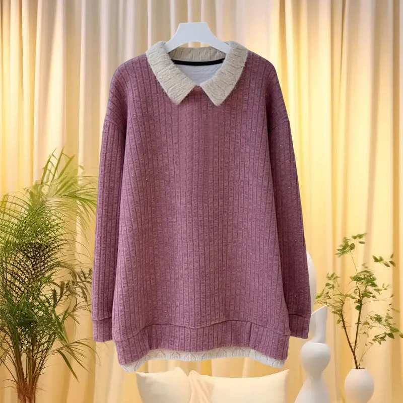 紫色POLO领加厚无帽卫衣女秋冬新款2024爆款时尚洋气减龄漂亮上衣