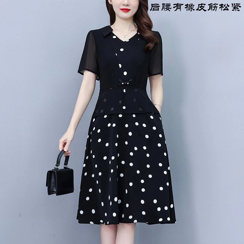 高档波点真丝短袖连衣裙新款夏季短袖拼接气质中长款修身显瘦裙子