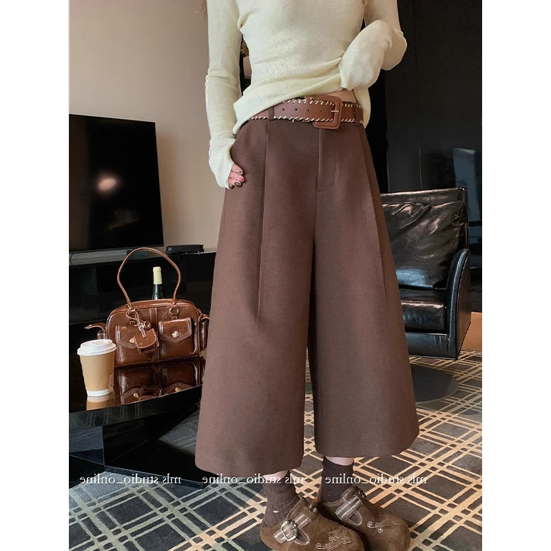 耶古法式拿铁咖毛呢七分直筒裤女秋冬新款高腰宽松对称压褶休闲裤