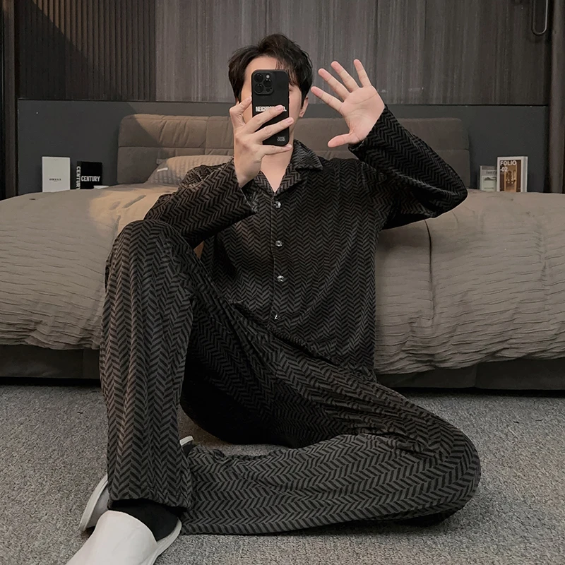 男士睡衣2025新款冬季海岛绒加厚加绒保暖珊瑚绒开衫家居服两件套