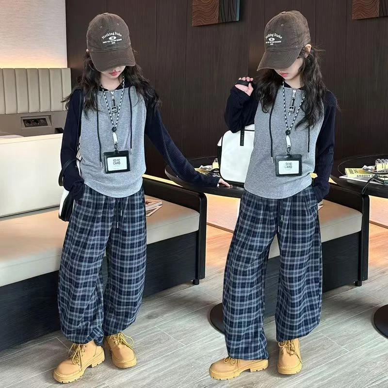 休闲女童秋季拼色春秋常规套头套装洋气网红上衣阔腿格子裤