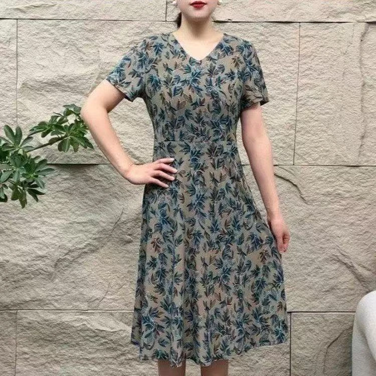 9679-妈妈夏季短袖新款时尚碎花连衣裙宽松大码气质遮肚长裙【F仓】