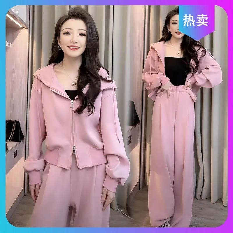 运动休闲套装女2025春秋韩版慵懒风针织连帽卫衣外套阔腿裤两件套