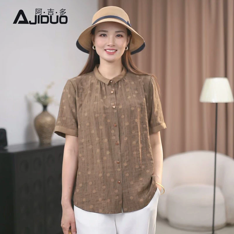 阿吉多短袖波点衬衫女夏季新款轻薄舒适复古衬衣大码宽松妈妈上衣