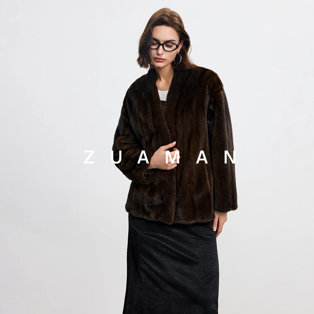Zuaman/祖阿曼黑翼甄选【北岛格调】进口水貂V领抽刀短款F-032