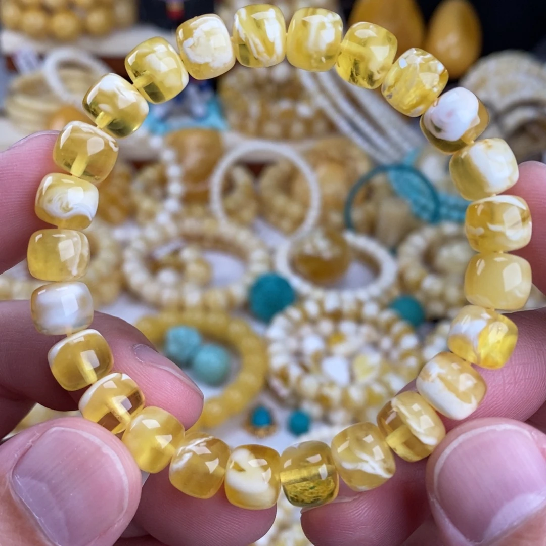 蜜蜡未镶嵌手链金漆瓷白溶洞妖花9.2mm