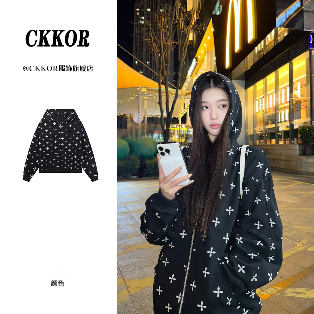 CKKOR高街美式十字满印开衫卫衣外套女早秋个性设计宽松帽衫上衣
