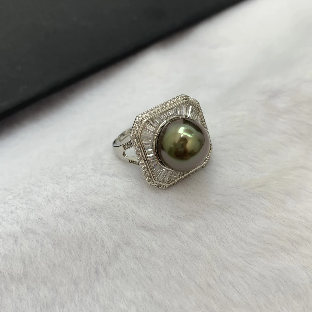 天然海水珍珠 大溪地珍珠戒指 12-13mm s925银珍珠戒指