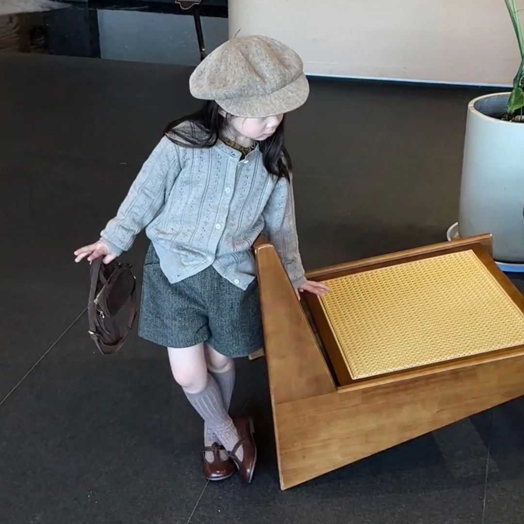 壹妈童装女童韩系套装2025秋冬新款洋气女宝咖色针织开衫休闲短裤