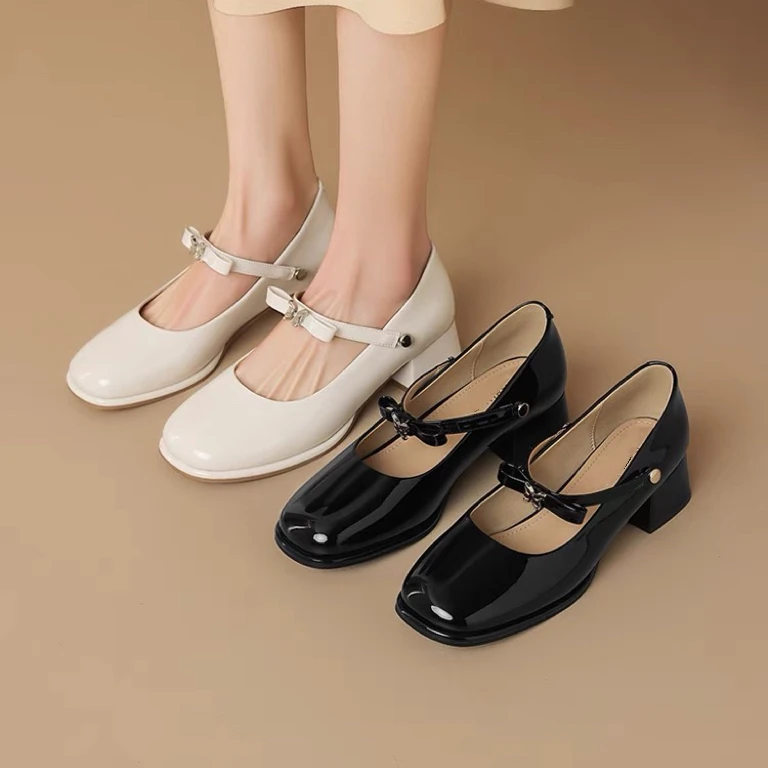 新疆复古春季浅口单鞋法式皮鞋玛丽珍鞋粗跟高跟方头2519-1