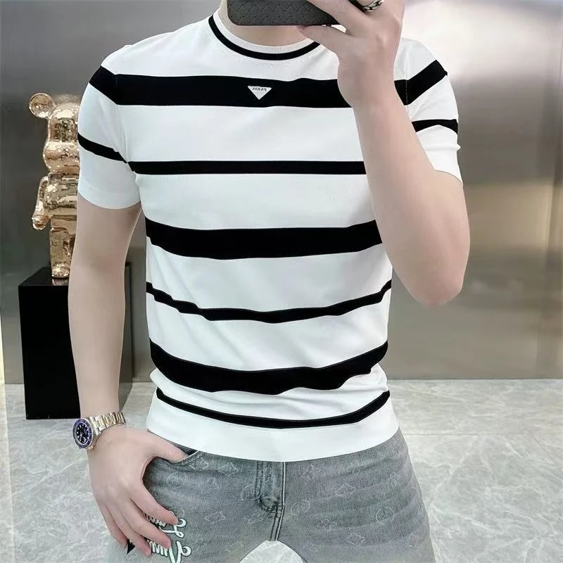 2025夏季新款时尚休闲潮流韩版条纹高品质冰丝伊力特针织短袖