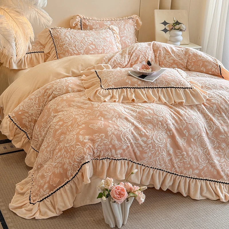 法式花边雕花牛奶绒四件套公主风双面绒加厚加绒被套床单款抗静电