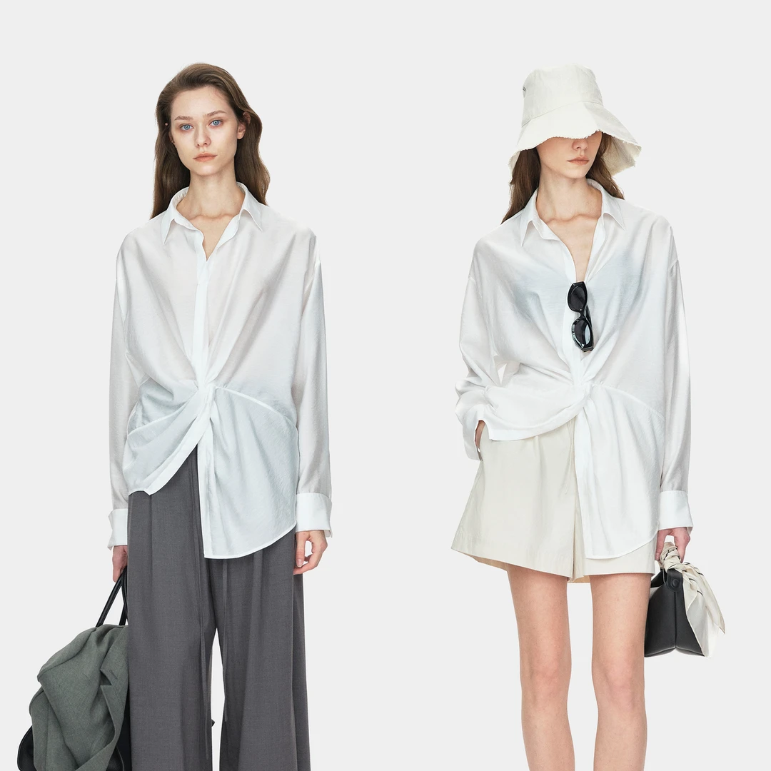 清爽日常 通勤不对称纽结设计白衬衫防晒衬衫女春夏外穿