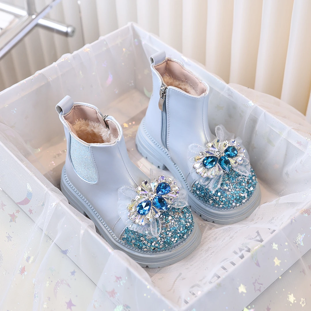 童鞋闪亮女童加绒保暖冬季靴子儿童公主靴软底艾莎短靴配拜年服靴