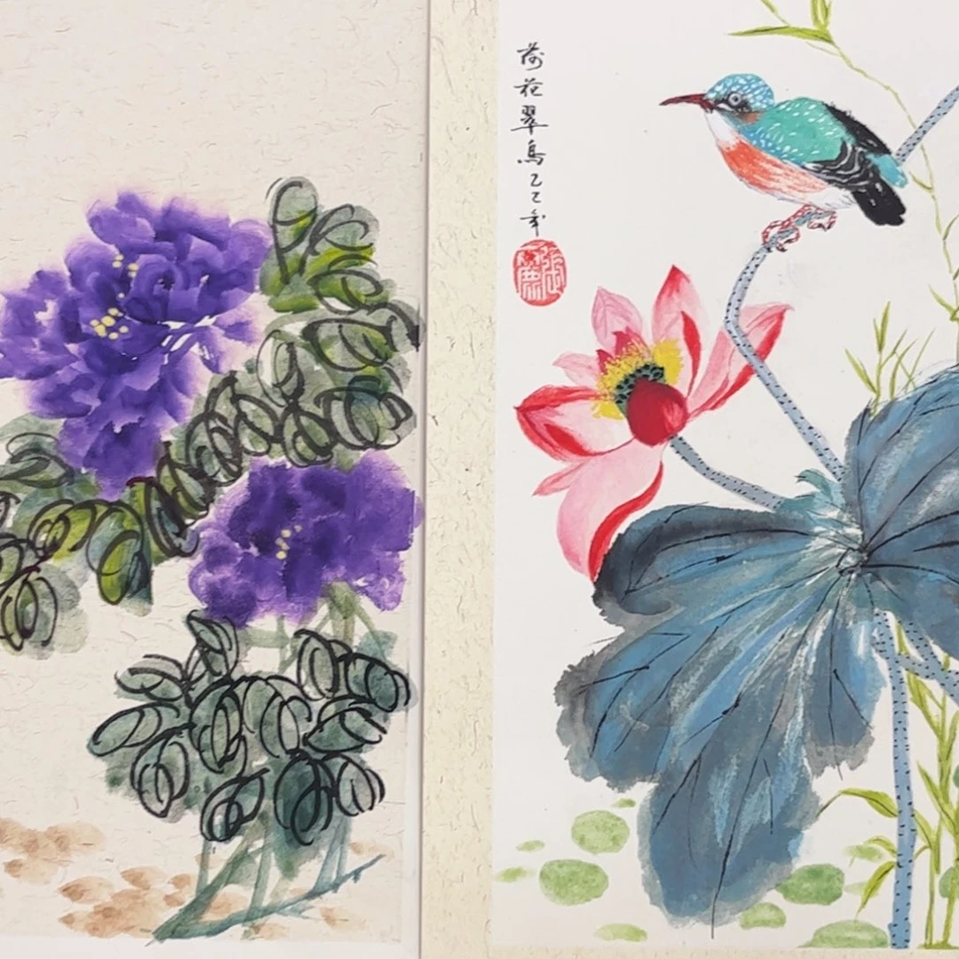 平***果国画两幅硬卡花鸟作品