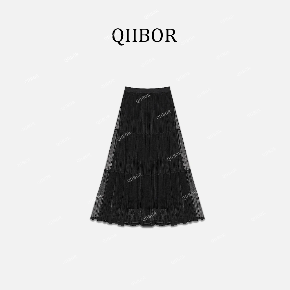 QB 【仙女显瘦裙】网纱双面穿松紧高腰飘逸a字大摆半身裙#82886-1