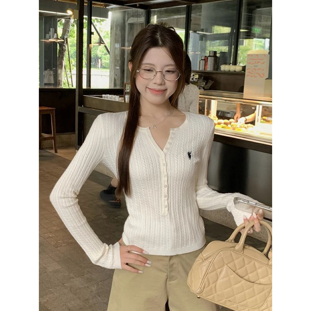 包芯纱洗水白色半开领刺绣绞花针织衫女2025秋冬设计感显瘦上衣