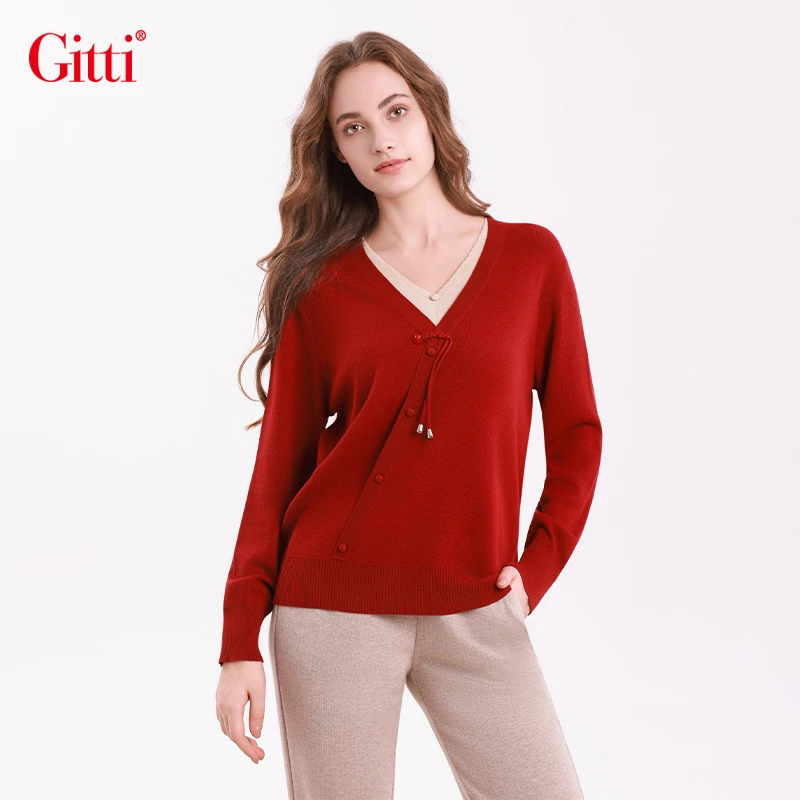 假两件套头针织衫女撞色V领长袖打底衫宽松休闲毛衣G255452