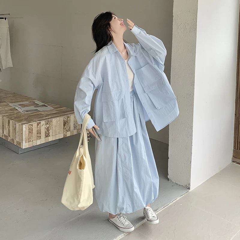 蓝色休闲慵懒风工装套装裙女秋季2025新款韩版衬衫半身长裙两件套
