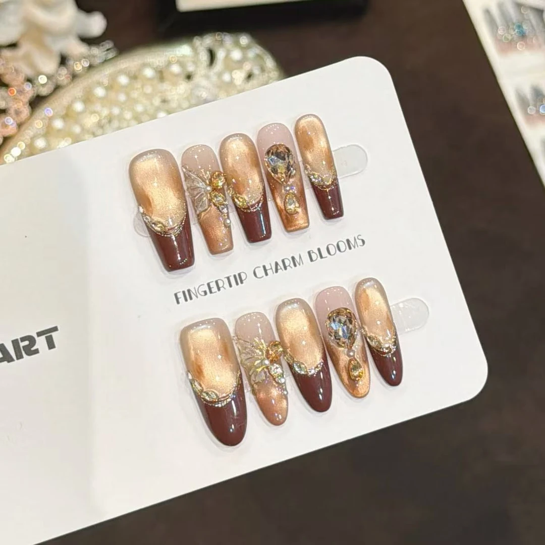 【蝶舞琥珀】纯手工穿戴甲高质感纯手工猫眼可重复佩戴穿戴式美甲