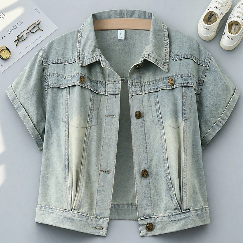洋气时尚女夏天薄款牛仔外套新款复古外套短款短袖女装短外套百搭