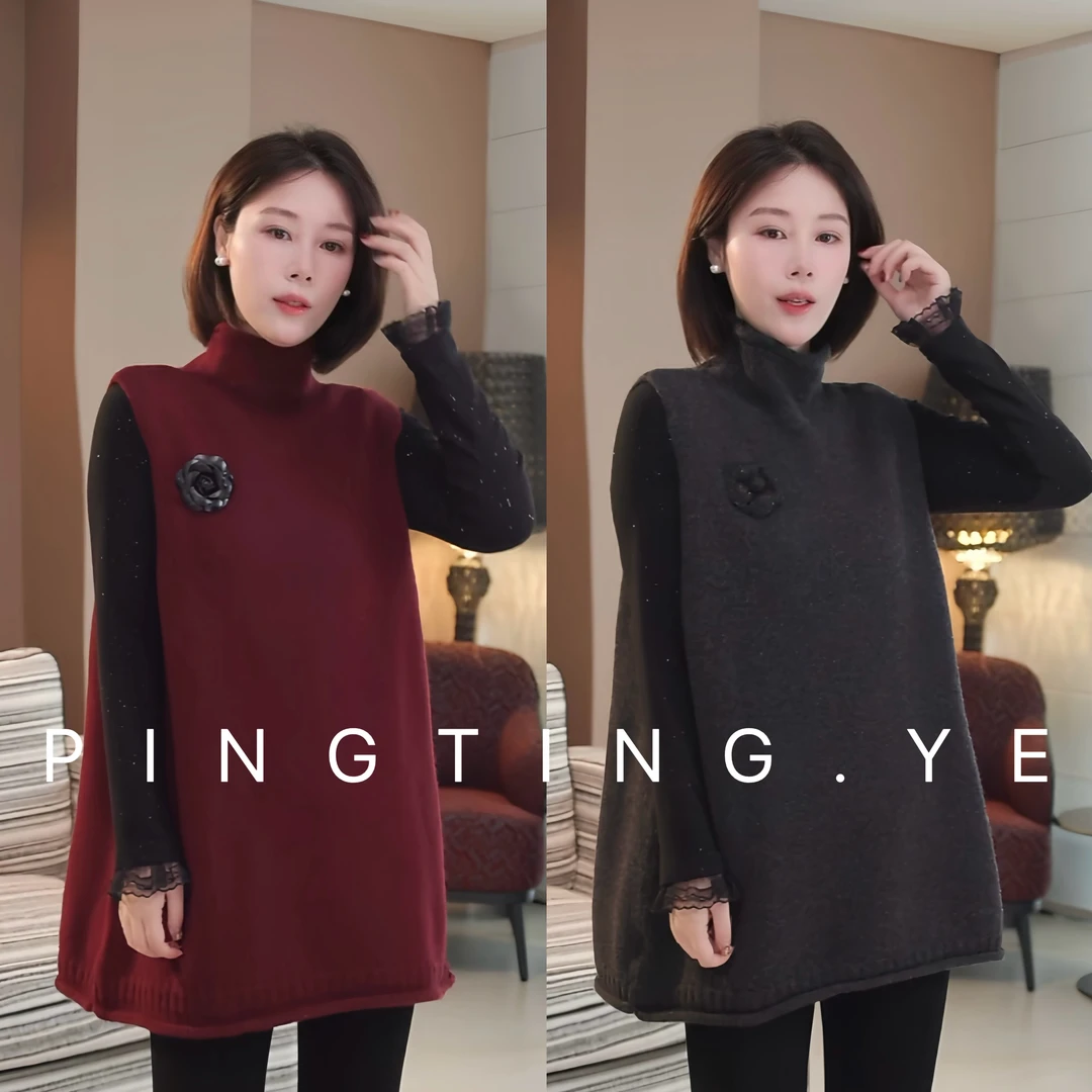 PINGTING.YE“100绵羊毛”高领洋气小众针织马甲连衣裙PT8100