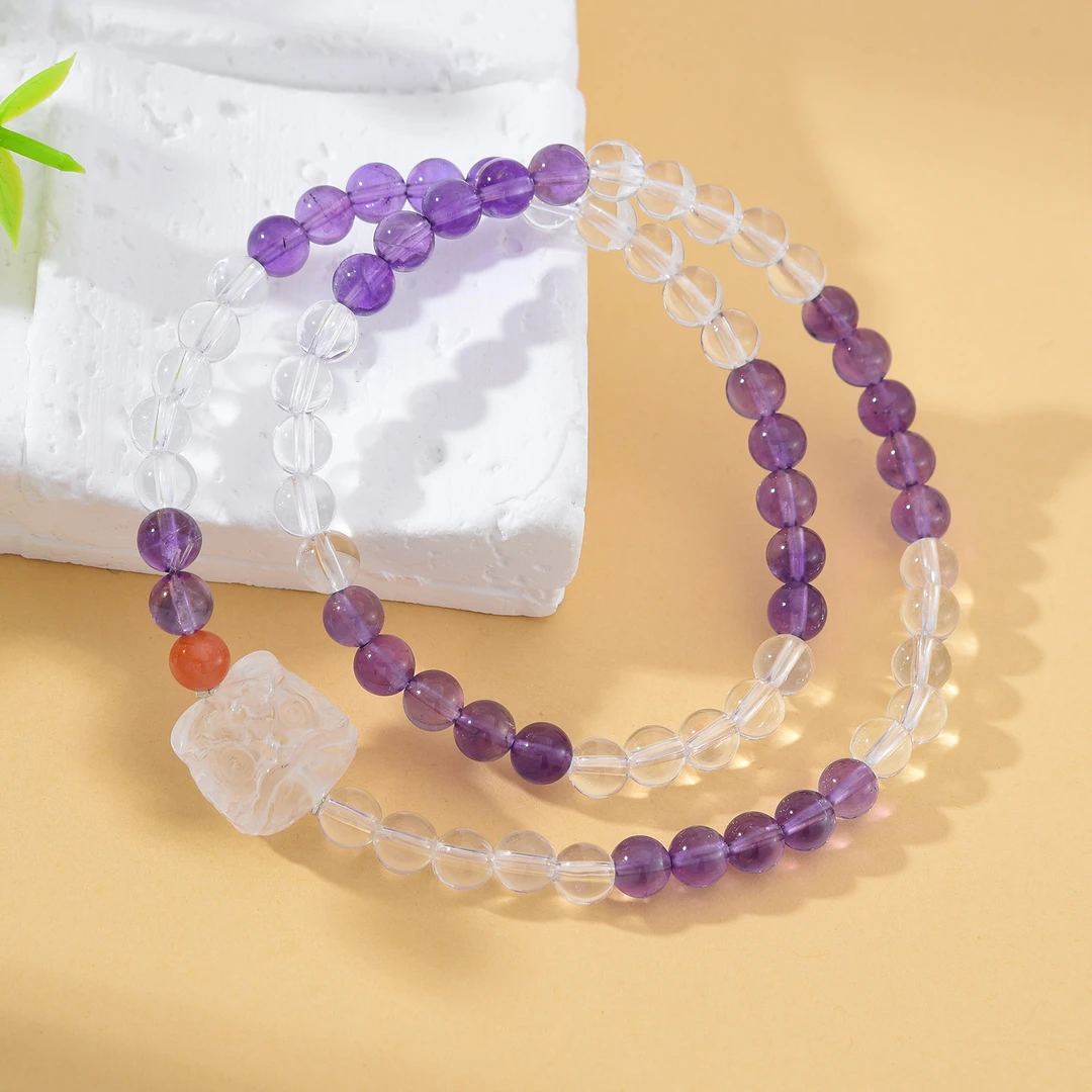 【婉葶设计】“狮心慧光” 紫水晶白水晶手串