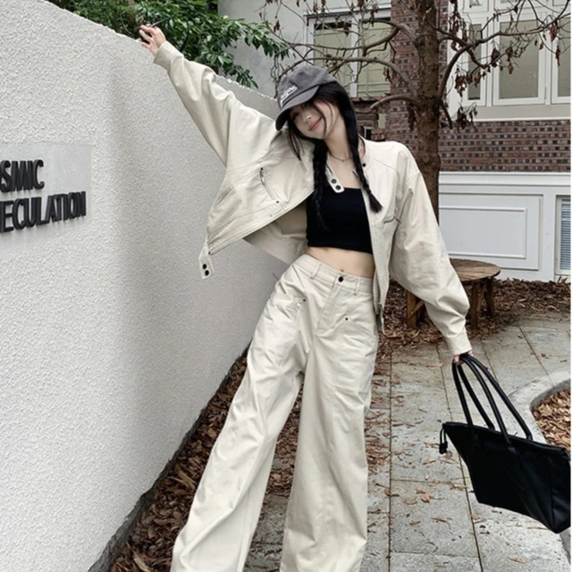 短款长袖工装外套甜酷设计感高腰阔腿长裤女春季2025新款时尚套装