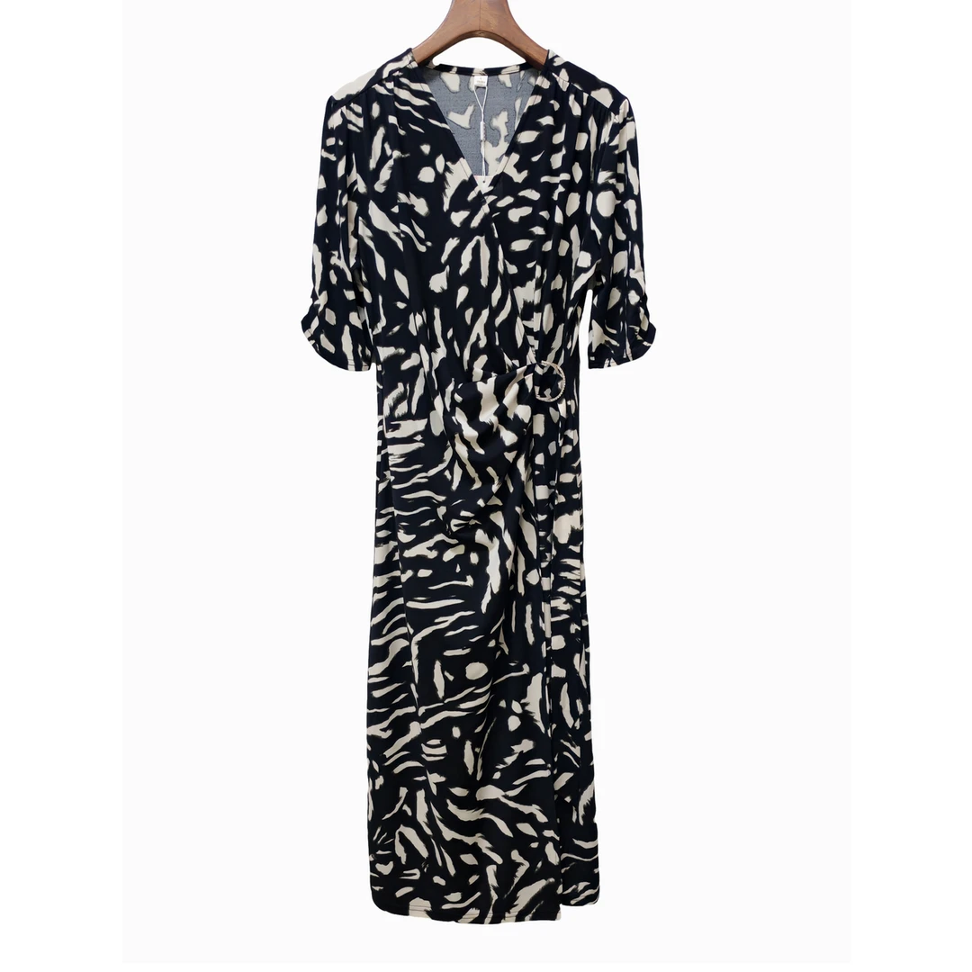 【高端定制】经典时尚斑马纹短袖连衣裙女装优雅气质减龄显瘦中长裙