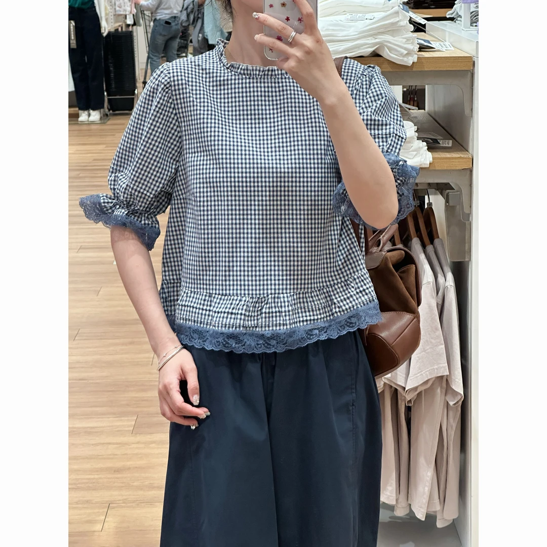 【歡囍夏季清仓】夏季休闲百搭法式深蓝格子泡泡袖娃娃衫上衣