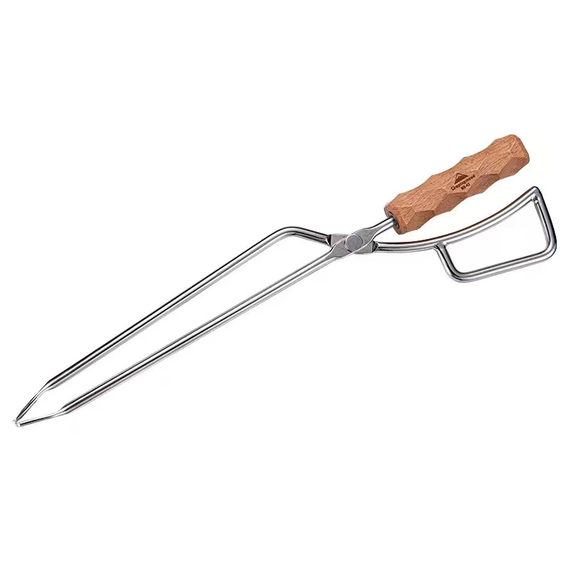 露营烧烤不锈钢焚火钳实木手柄柴火夹炭火夹