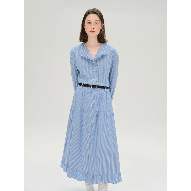 独束大码女装【蓝海印记】木耳边条纹时尚套装25DS83326/25DS83327