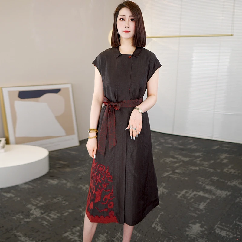 2025夏季时尚浪漫大牌杭州香云纱真丝连衣裙女气质妈妈桑蚕丝裙子