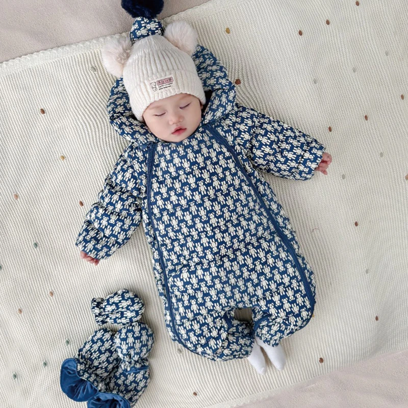 2025婴儿羽绒服连体衣冬季宝宝加厚加绒外出服新生儿连帽抱衣爬服