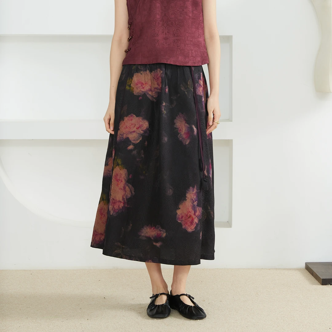 真丝冠乐绉花朵图案直筒裙100%桑蚕丝松紧腰印花半身裙夏BQ52032