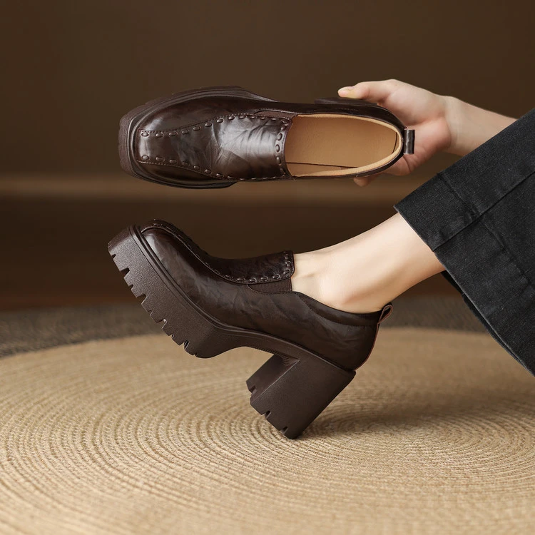 牛皮~8cm厚底小个子增高真皮乐福鞋高跟鞋甜辣千金风休闲粗跟单鞋