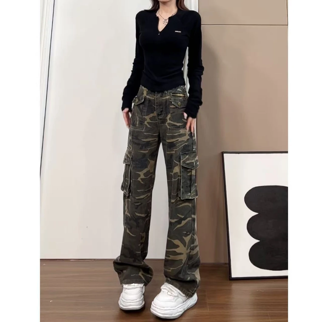 高街迷彩工装裤女新款设计感多口袋阔腿休闲显瘦拖地长裤-K3306