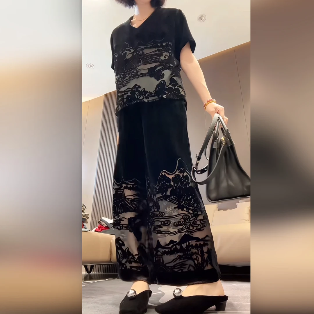时尚国风爆款2025年新款套装洋气新中式套装黑色丝绒套装显瘦