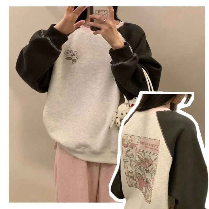 【KT喵拼色卫衣】Y韩系插肩一体绒圆领卫裤卡通图案保暖长袖卫衣