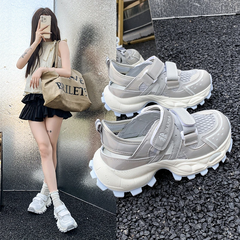 6厘米厚底网面透气老爹鞋女2025夏季新款魔术贴镂空运动休闲凉鞋