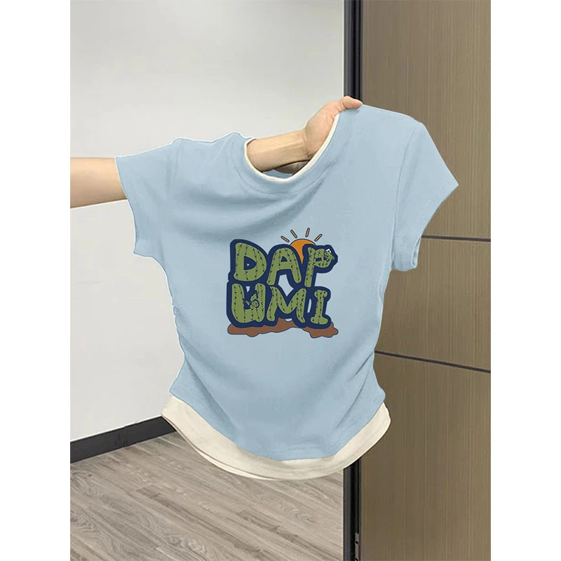 2025新款假两件收腰圆领t恤短袖女小众设计感褶皱修身上衣春夏季